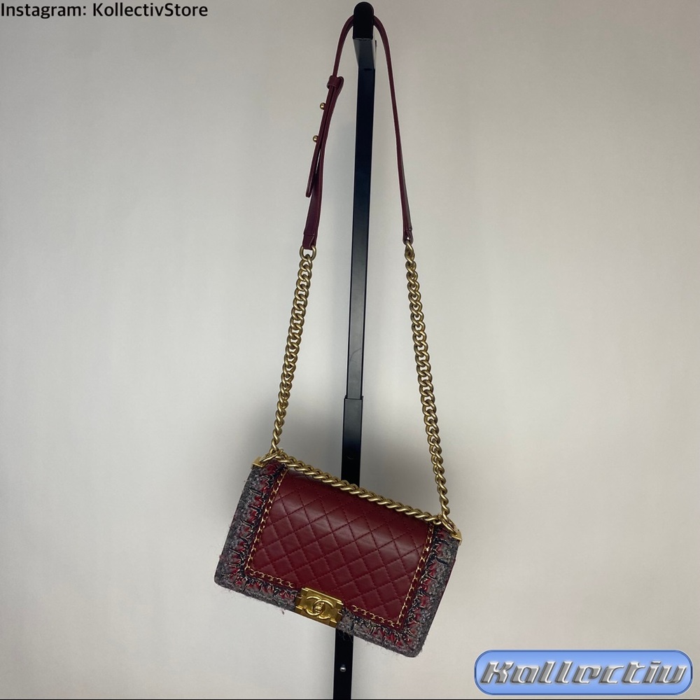 CHANEL Burgundy Quilted Leather and Tweed Medium Boy Bag